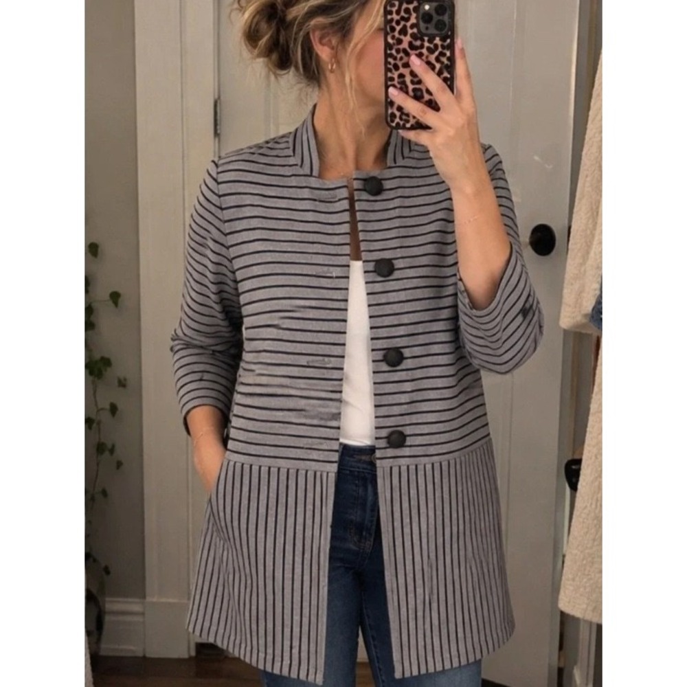 CAbi Dappled Stripe Car Coat 5474 Large Gray Blue Long Jacket Blazer
